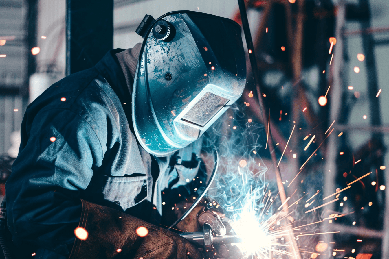 Mobile welder in a welding mask working on a job in Santa Cruz, CA